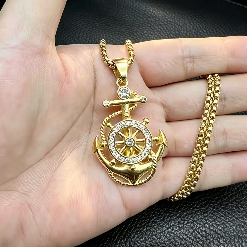 TEMU 1pc Men's Nautical Anchor Ship Rudder Pendant Necklace, Seaside Vacation Trendy Jewelry