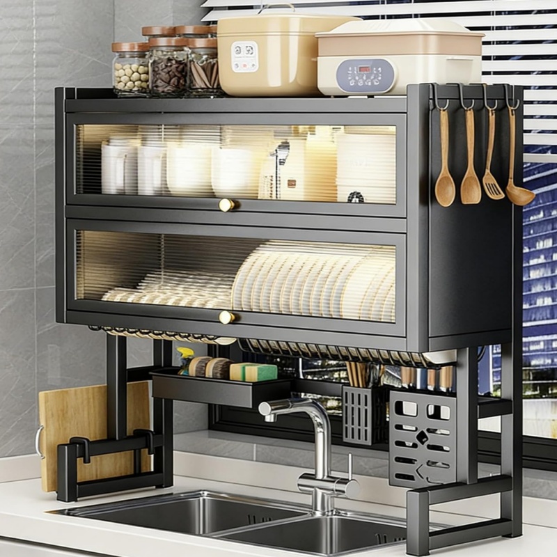 TEMU 1pc Multi- Functional Kitchen Storage Rack- Over The Sink Dish Drying Rack For Dishes, Utensils, And Cookware, With Drain Tray & Cabinet Door-