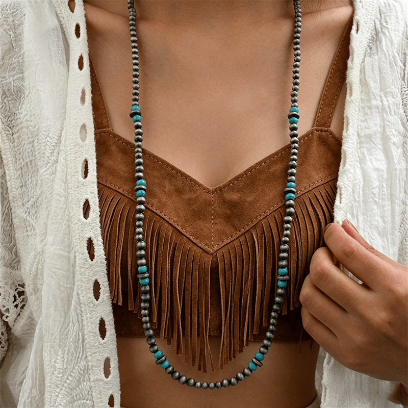 Women's Summer Ethnic Style Long Necklace with Turquoise Beads