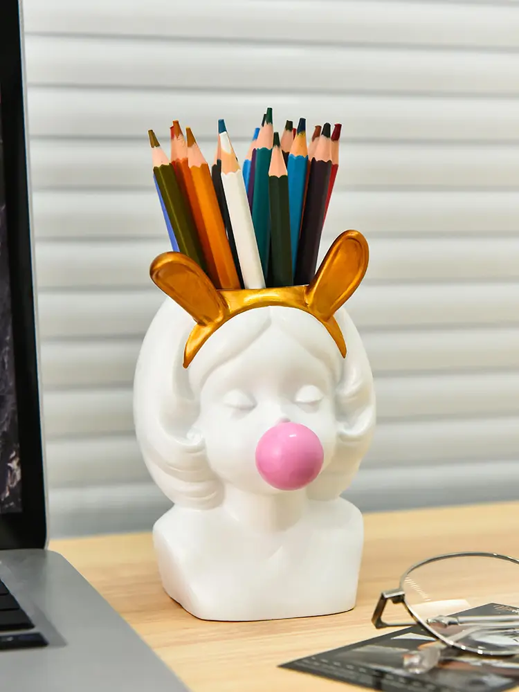 1pc cute bubble blowing girl desk organizer elegant white golden accent pen holder makeup brush storage decorative office home decoration perfect gift for women girls teachers students birthday valentines easter present for desk or vanity office desk accessories student stationery holder whimsical design quality student supplies decor handcrafted figurine decorative holder teacher Product details 0
