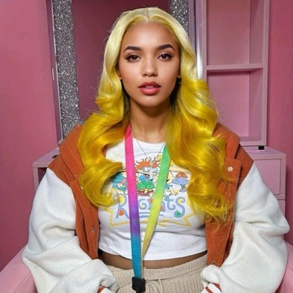 omber yellow human hair wig 13x6 hd lace front body wave 30 inch 200 density natural look wig for women colored blonde to dark ombre gradient all versatile hairpiece elegant hairpiece details 3