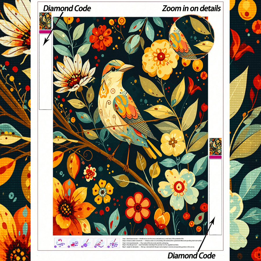 TEMU 1pc 5d Diamond Painting Kit, Retro Floral Bird Theme, Complete Round Drill Art Set, Suitable For Beginners And Craft Enthusiasts, Decorative