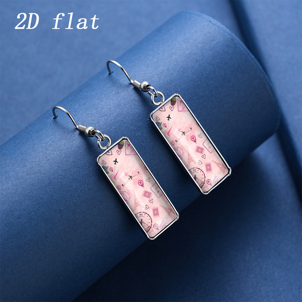 Soft Pink Eiffel Tower & Airplane Pattern Glass Earrings