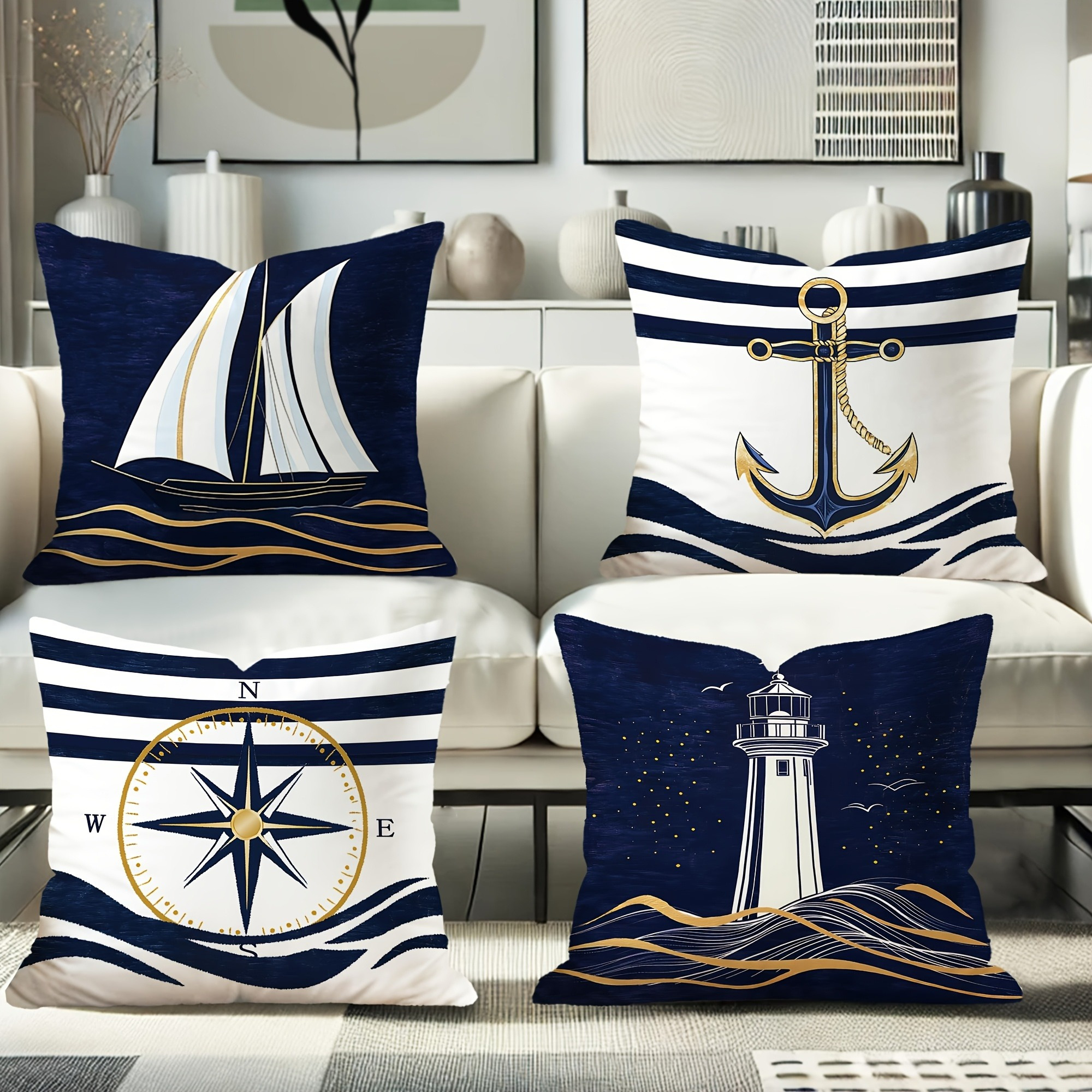 Set Of 4 Navy Blue Pillows Featuring A Sailboat, Anchor, Compass, And Lighthouse. Made From Soft Polyester, Pillowcases Are Resistant To Wrinkles And Fading, Making Them Ideal For Use. The Printed On