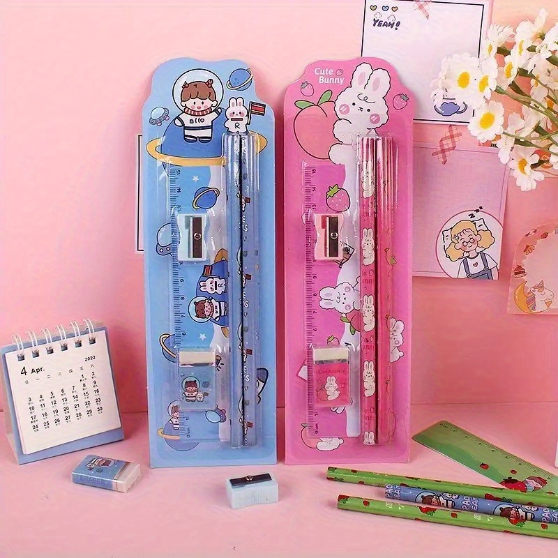 12pcs Cartoon Stationery Set for Office Use - Pencils, Eraser, Ruler, Sharpener