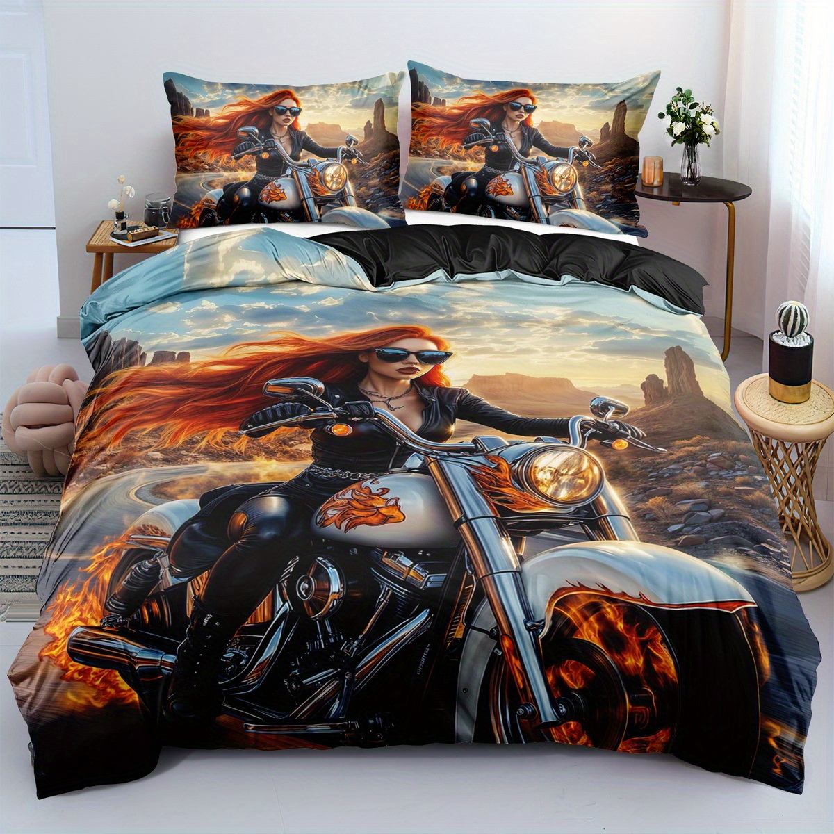 

Motorcycle- Duvet - And Printed Bedding Set Red-haired Girl , 100% Microfiber, Washable, , Includes Duvet Cover Pillowcases ( Not Included),