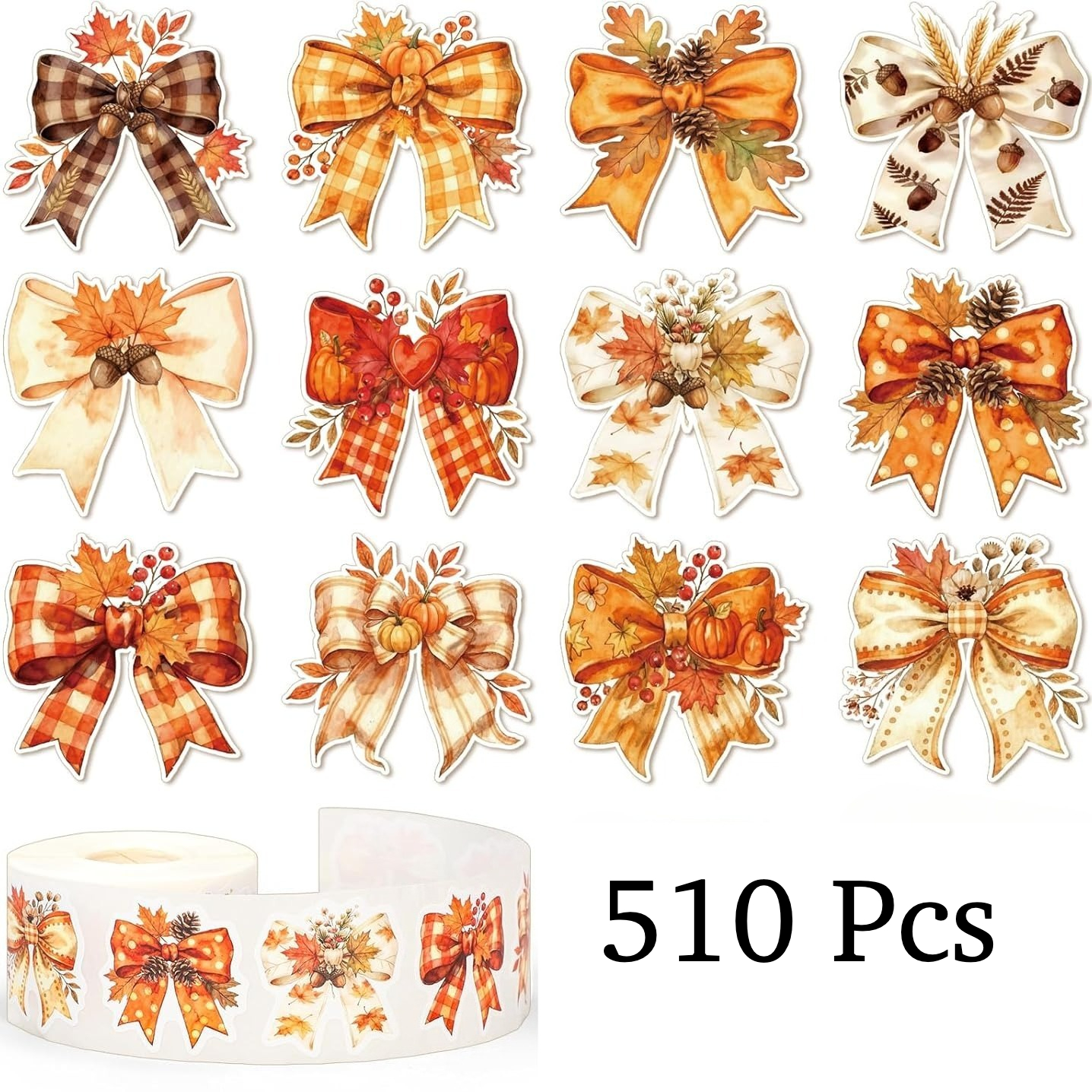TEMU 510pcs Orange Pumpkin Bow Sticker Roll Leaves Bowknot Self-adhesive Decals For Thanksgiving Autumn Journal Envelope Decor