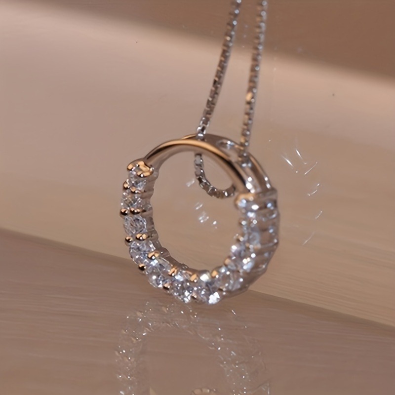 Image of Elegant Micro Pave Zirconia Hollow Circle Pendant Necklace For Women, Minimalist Jewelry For Daily Casual Vacation Party Gifting In Autumn Winter