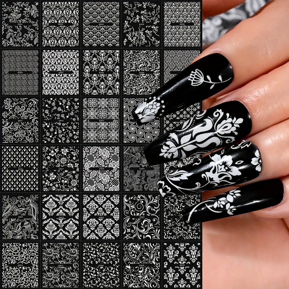 30pcs Of White Lace Flower Nail Art Stickers Featuring Geometric Lines And Patterns, Perfect For Valentine's Day 3d Nail Decoration