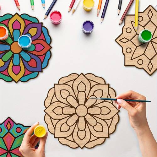 8pcs set 3 9 x 3 9 inches unfinished mandala coloring diy kit creative craft doodle tool kit high quality materials clear lines easy to color multi functional artificial wood decoration self stickers