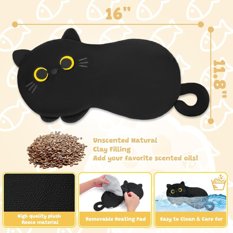 black cat microwavable heating pad - plush stuffed animal with   for cramps & period, menstrual  , soft fluffy ears & paws, microwaveable heat pad for women & girls,   companion, hand wash only, ideal gift for cat lovers, cramp, cute plushie,   heat, guante para artriti, compression glove, arthriti glove Product details 6