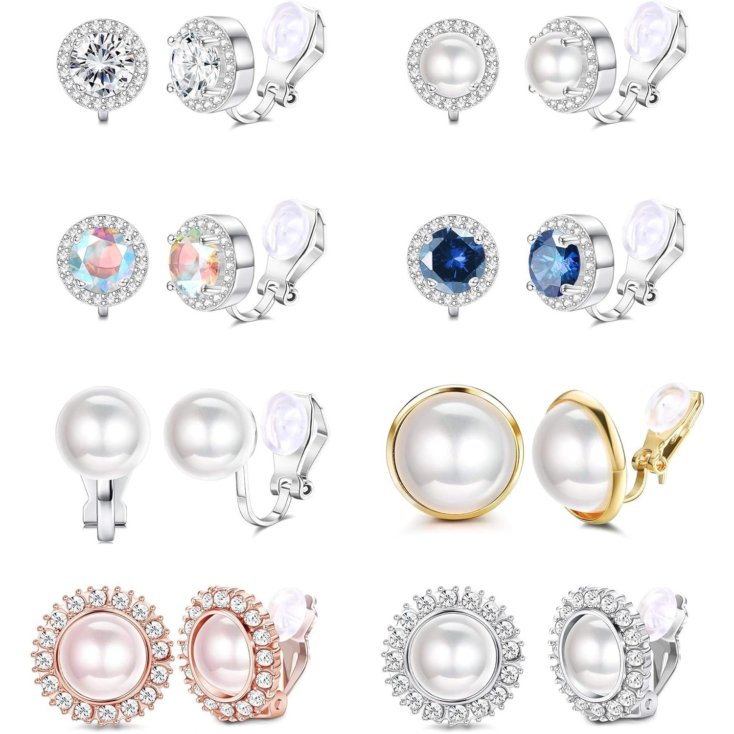 Image of 8 Pairs Clip Earrings Sets For Women Fashion Cubic Synthetic Zirconia Cz Freshwater Earrings Hypoallergenic Non Pierced Clip On Earrings Jewelry