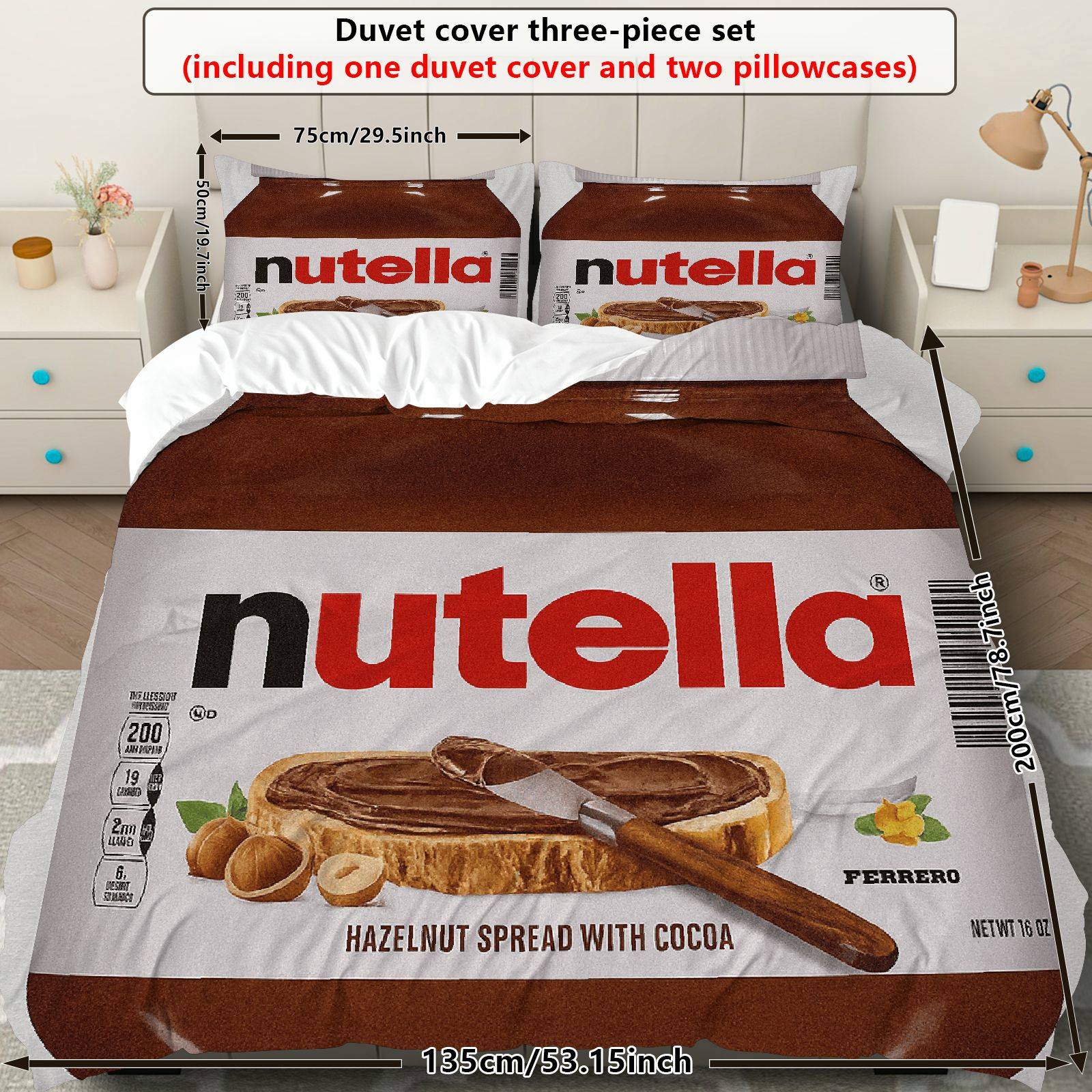 TEMU 3-teiliges Bettwäsche-Set, 1 Bettbezug + 2 Kissenbezüge (ohne Füllung), Schokoladenstreusel Nutella Gemütliches Süßes Vergnügen Motiv,