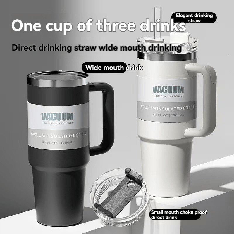 1 nova dvostruka čelična termo boca sa ručkom, poklopcem i slamkom - održava piće toplim 24 sata, hladnim 24 sata - idealno za ledeni čaj, kafu, kampovanje, putovanja i fitnes