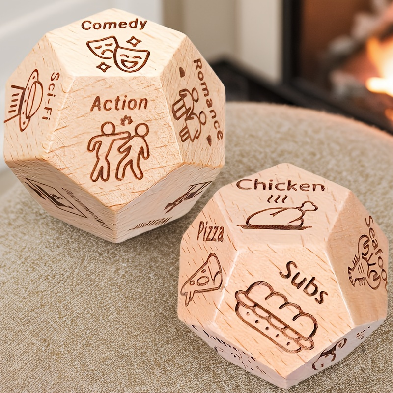 

2pcs Wooden Couple's Dice Set - 12-sided Food & Movie For Date Night - Ideal For Birthday, Anniversary, Bar/, Tailgating - Christmas & Valentine's Day Gift Without Electricity