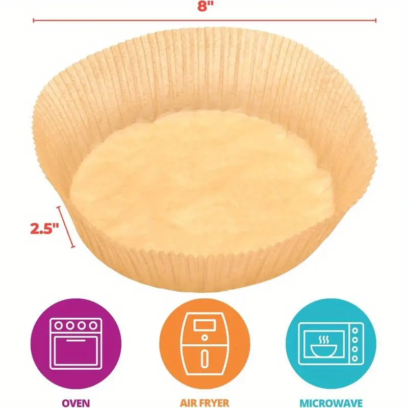 100-pack of round baking liners made from , greaseproof silicone paper, suitable for cakes and pies, as air fryer liners., used as covers, oven cups, roasting folds, meat, vegetable, and fruit preparation, paper pans for an ideal gift item., hanging cart application, baking trays. kitchen cooking, waterproof and disposable, vacuum trays. Product details 1
