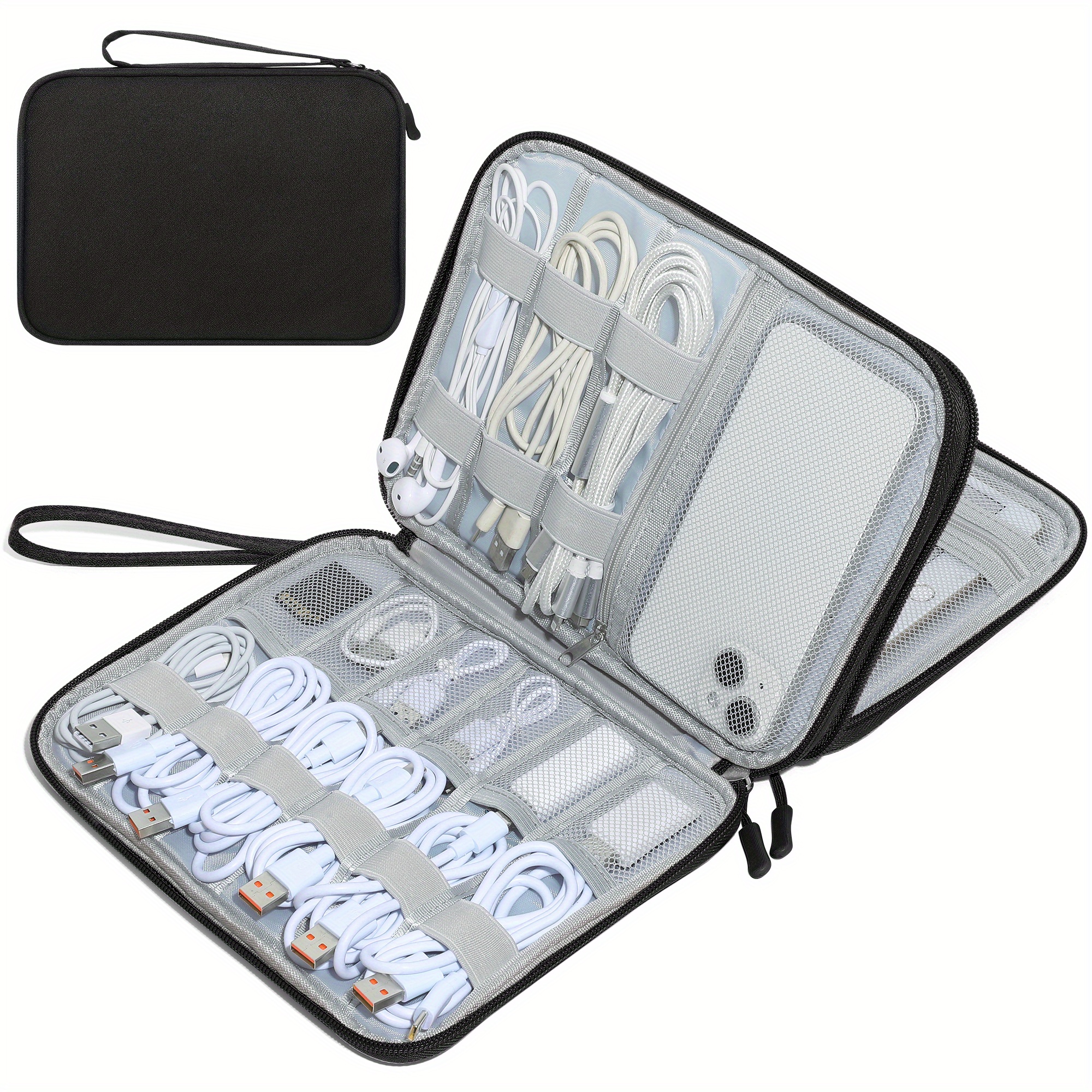 TEMU Double Organizer Bag - Portable Travel Cable And Accessory Case With Padded Compartments For , Phones, Adapters, Power Banks, , Hard Drives -