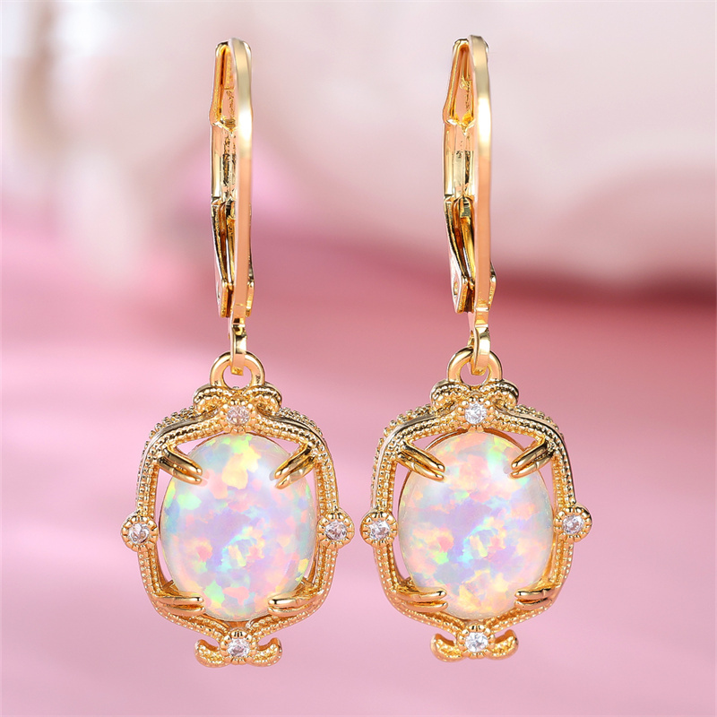 Image of 1 Pair Bohemian Style Golden Kc Golden Plated Oval Cut Synthetic White Synthetic Opal Drop Earrings With Sparkling Accents - Valentine's Day Jewelry Gift For Women, Party & Wear