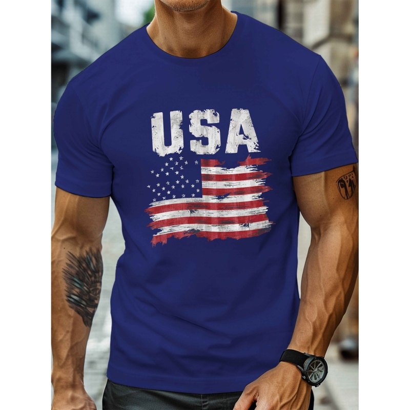 

1pc Men's Casual Crew Neck T-shirt With Distressed American Flag Print, Patriotic Geometric Pattern, Polyester Knit Fabric With Stretch, Regular Fit Lightweight Top For Summer