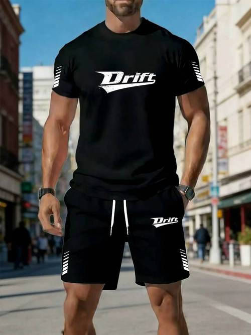 item picture mens summer comfortable crew neck short sleeve t shirt and drawstring pocket shorts set simple and stylish wear casual summer outdoor sportswear fitness running leisure set