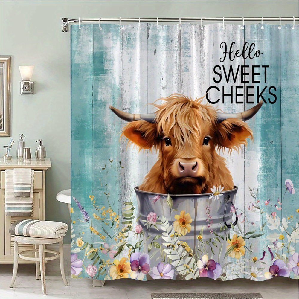 TEMU 1pc "hello Sweet Cheeks" Highland Cow Shower Curtain - Rustic Teal Wooden Background With Purple, Yellow & White Flowers, Durable Polyester,