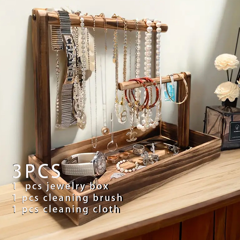 TEMU Solid Wood Jewelry Storage Box 3pcs Set, 1 Wooden Jewelry Storage Tray Rack And 1 Cleaning Brush And 1 Cleaning Cloth, - Wooden Jewelry Storage
