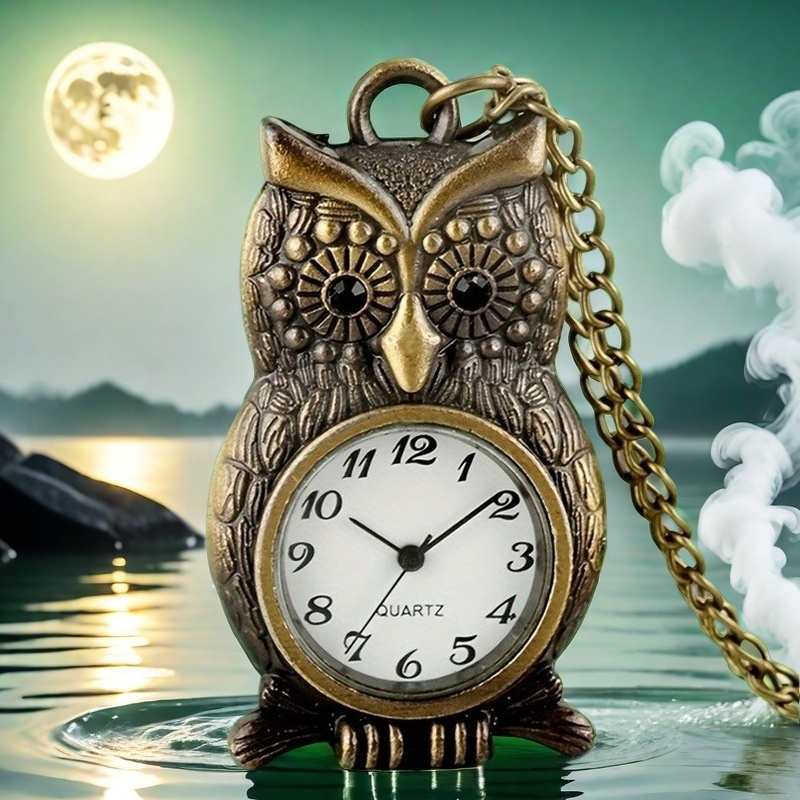 1 cute bronze owl shaped retro quartz pocket watch pendant necklace style multi functional retro fob chain and sweater chain unique gift for birthday graduation christmas Product details 0