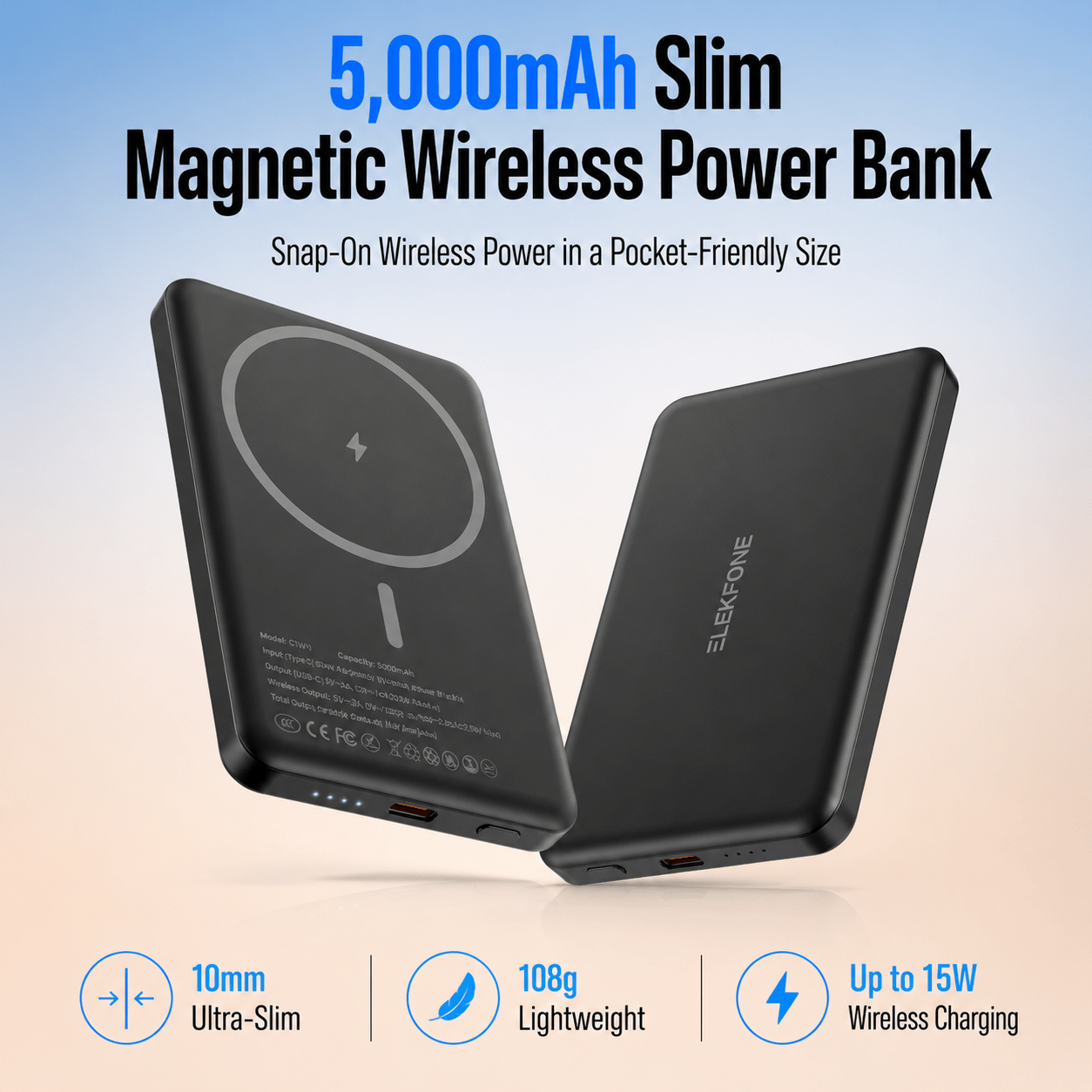 TEMU 5000mah Magnetic Wireless Power Bank, Slim Portable Charger With Led Indicator, 15w Fast Charging Backup Battery For Phones, Super Lightweight