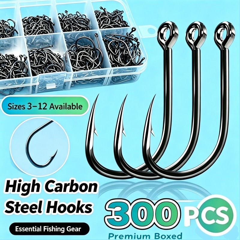TEMU 300pcs Iseama Barbed Fishing Hooks, High Carbon Steel Tube- Fish Hooks With Ring Hole, Assorted Fishing Tackle Accessories For Saltwater &
