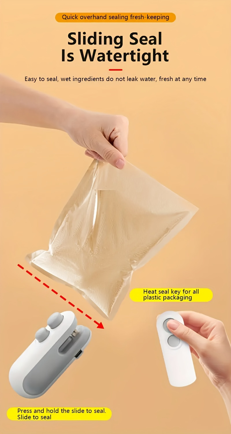 Portable USB Rechargeable Snack Bag Sealer with Cutter – Compact Heat Vacuum Sealer for Fresh Food Storage, 150mAh Lithium Battery, White & Gray Design, Ergonomic Handle for Easy Use, Ideal for Kitchen & On-the-Go Food Preservation, Onthego Sealing | Sleek Design | Durable Plastic, Reusable Food Storage Bags