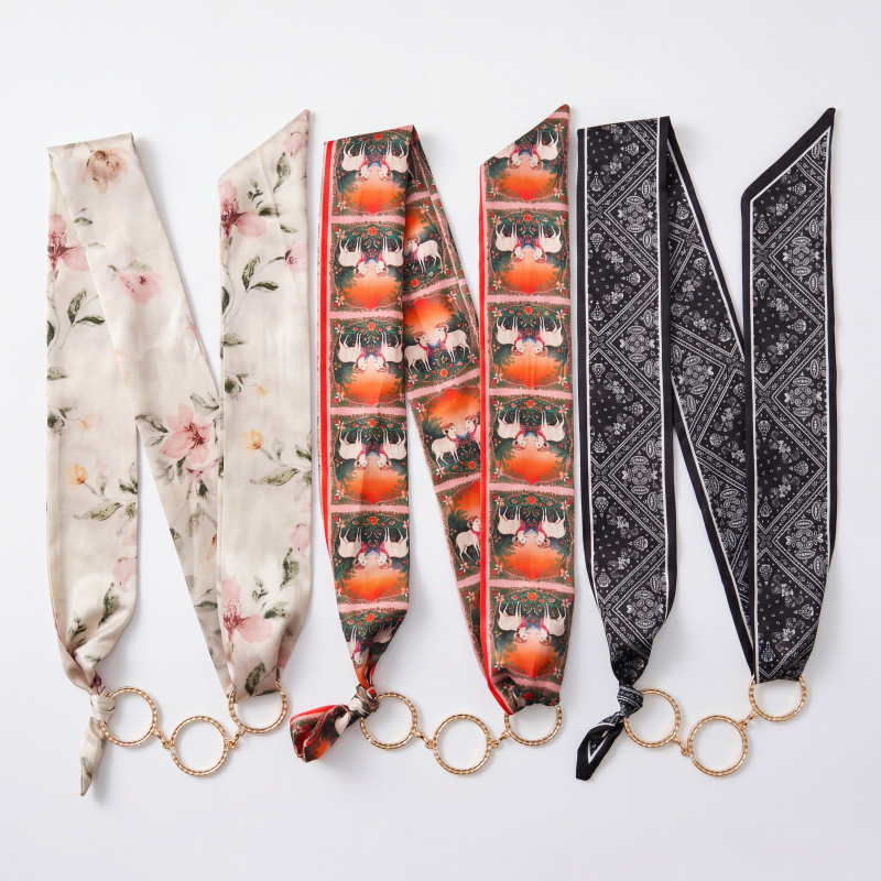 TEMU [three-pack] Floral Vintage Paisley Scarf Belt Set, With A Golden Alloy Three-ring, Adjustable Satin Belt, Suitable For Dresses And Jeans,