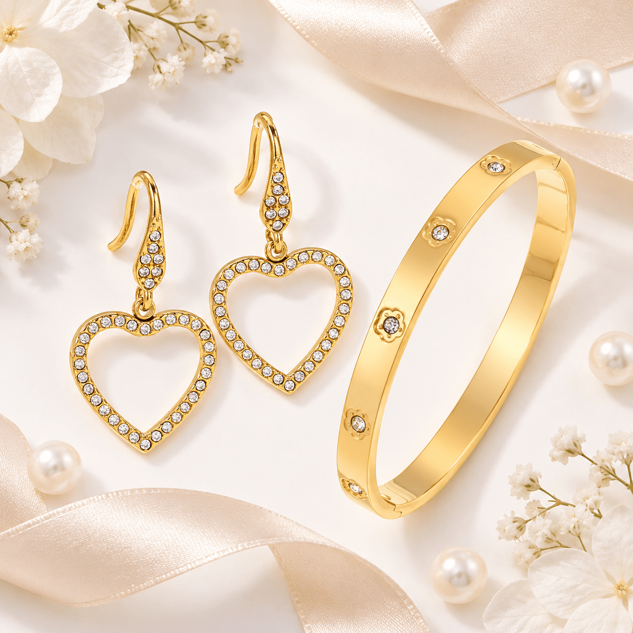 3pc 18K Gold Plated Bracelet and Earring Set, Matte Tray Design
