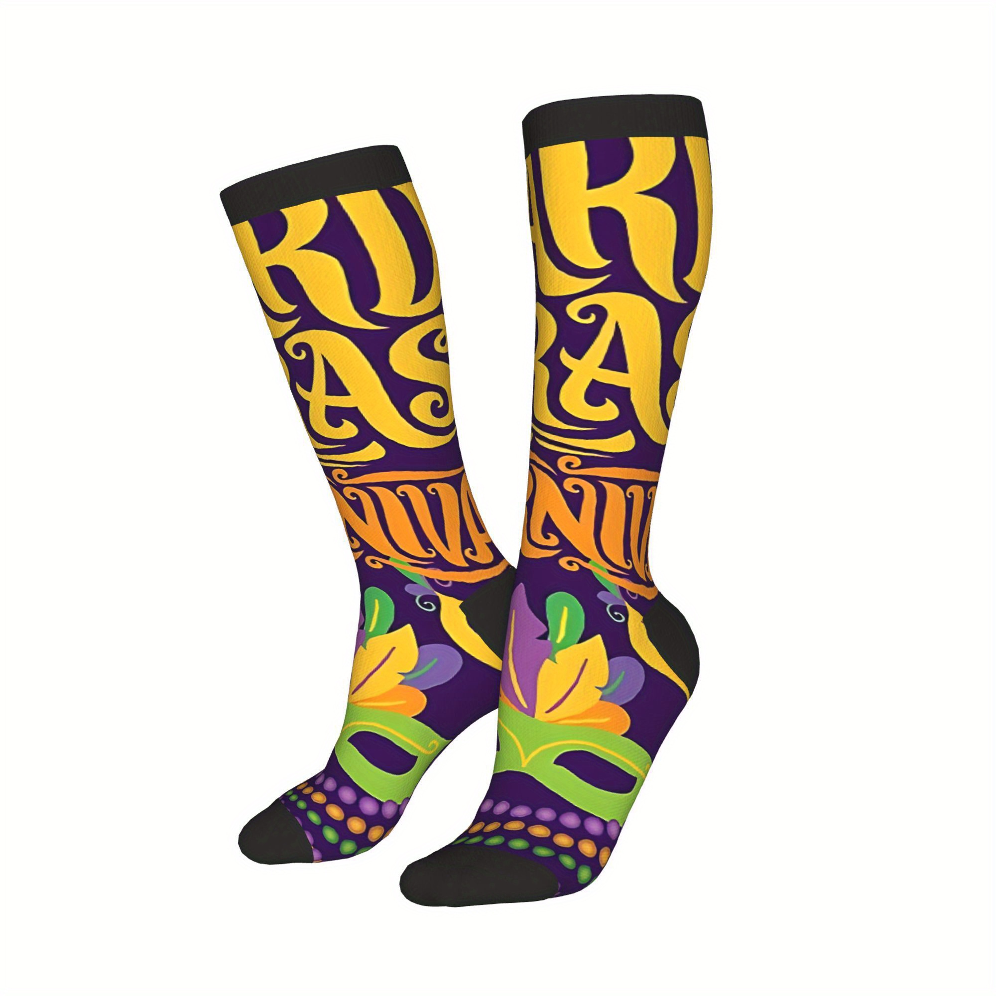 

1 Pair Mardi Gras Socks For Men - Hip Hop Vintage Style With Lettering & Pattern, Breathable Polyester , Comfortable Crew Socks, Perfect Gift, Cute Socks
