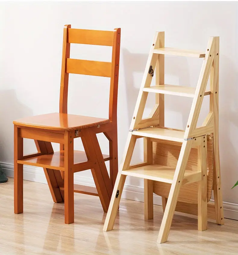 foldable 4 step wooden portable multi functional ladders with storage shelf sturdy construction for indoor use details 1