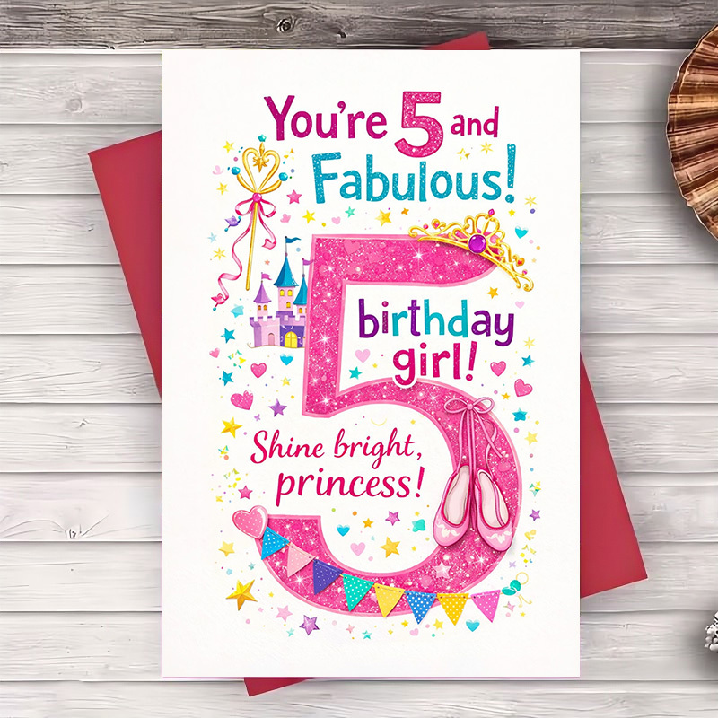 TEMU 2pcs (one Envelope And 1 Greeting Card)sparkling 5th Birthday Card For Girls Celebrating Princess Themes Bright Colors And Ideal Gift For On