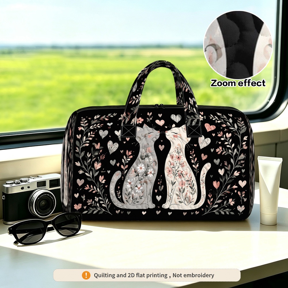 2d flat 1pc valentine cats and flowers printed quilted travel luggage bag zipper closure reinforced handle lightweight soft fabric great for business trips camping outdoor activities non embroidered