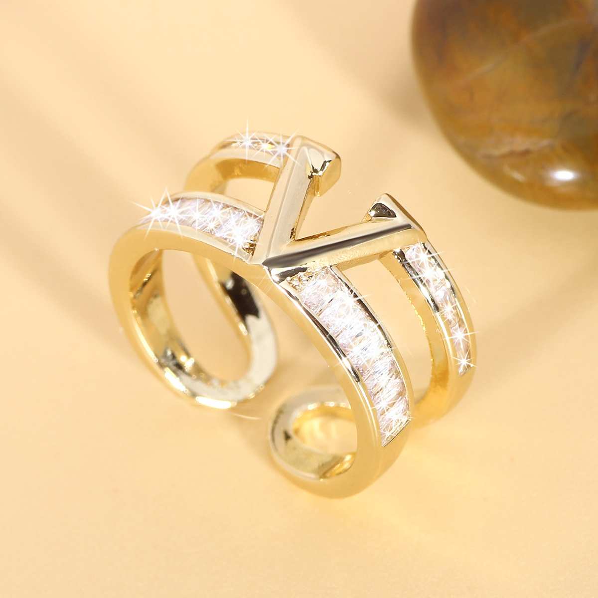 Golden Tone V Letter Ring CZ Accents Adjustable