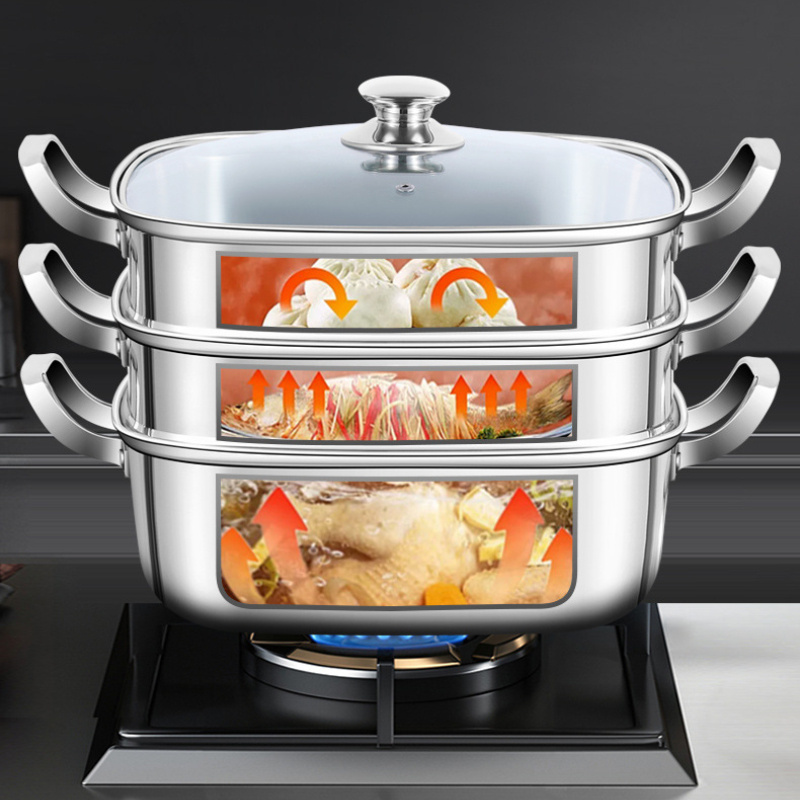 1pc stainless steel 12 inch   tier steamer with glass lid large capacity thickened design easy to clean multi use kitchen cookware details 1