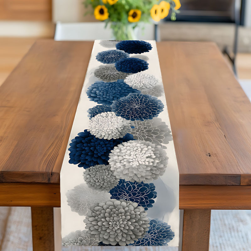 TEMU Blue-gray Large Chrysanthemum Pattern Tablecloth And Table Runner, Perfect For Spring Summer Various Occasions Like Birthdays, Weddings,