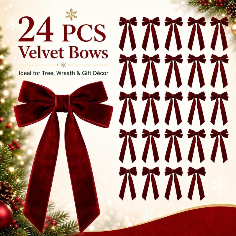 TEMU 24pcs Burgundy Velvet Christmas Bows, For Christmas Tree Decorations | Burgundy Ribbon Bows, Xmas Tree Ribbon Ornaments, Bow Garland For Wreath,
