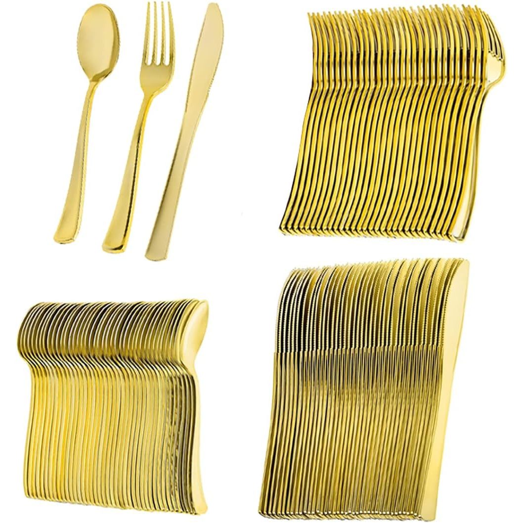 TEMU 150pcs Elegant Golden Plastic Cutlery Set - 50pcs Knives, 50pcs Forks, And 50pcs Spoons - Hand Washable And Heavy Duty Tableware For Weddings,