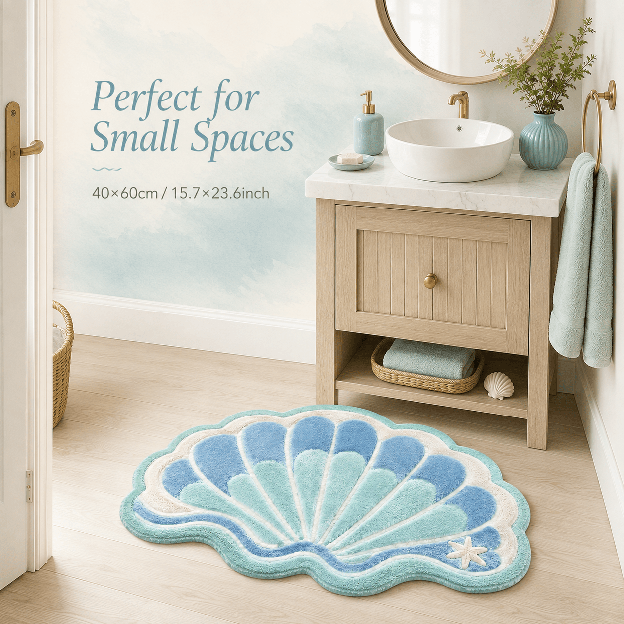 TEMU 1pc 850g/m2 Velvet Doormat, -green Seashell And Starfish Irregular Shaped Floor Mat, Non-slip And Absorbent, Suitable For , Bathrooms, Living