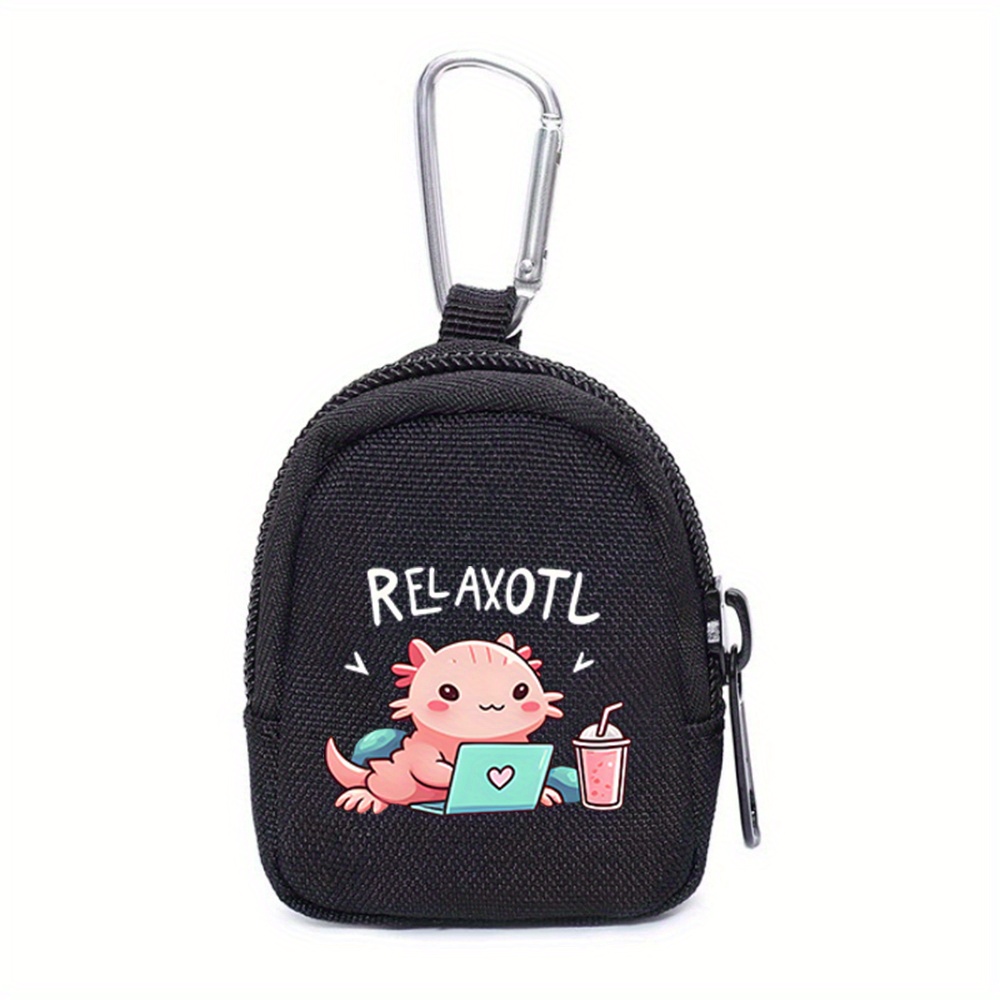 TEMU 1pc Pink Axolotl Drink With Straw Zipper Coin Pouch With Keychain - Black Oxford Fabric Wallet Organizer, Secure Zipper Closure, & Cute Mexican