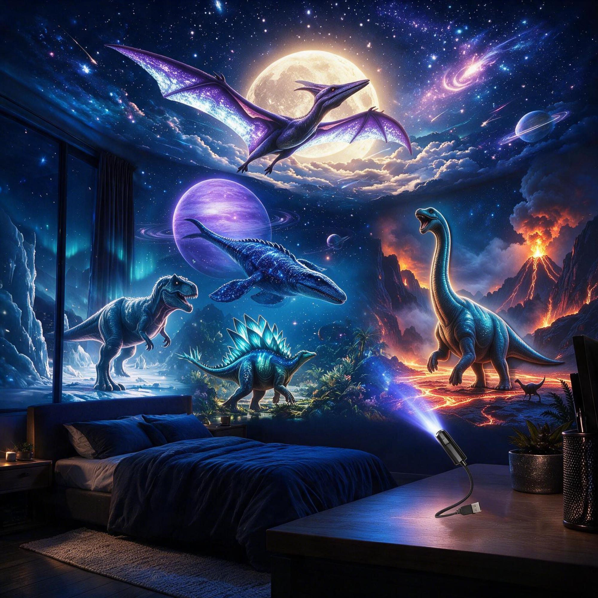 TEMU Dinosaur Projection Lamp Powered Dinosaur Starry Sky Projector With 5pcs Interchangeable Slides (, Pterodactyl, Plesiosaur, , Brachiosaurus),