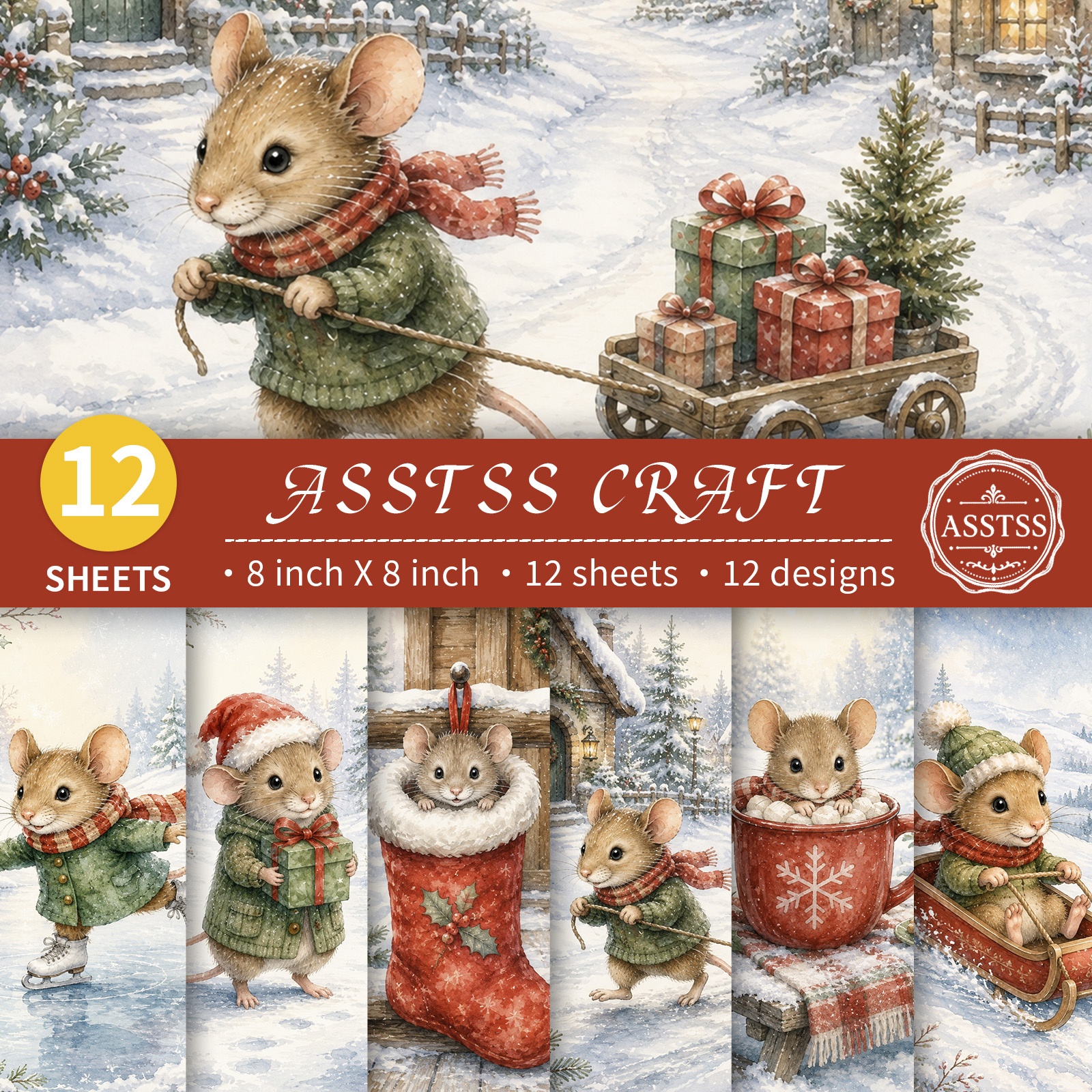 TEMU Lot de 12 feuilles de papier scrapbooking ASSTSS de 8X8 pouces, papier cadeau d'hiver avec scène de neige et style de Noël, papier de base,