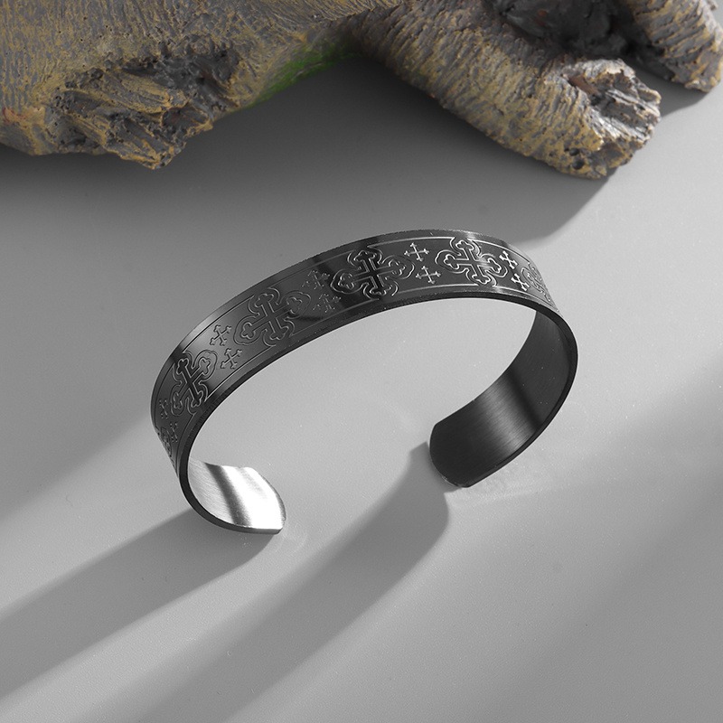 Vintage Cross Pattern Stainless Steel Open Bangle, Unisex