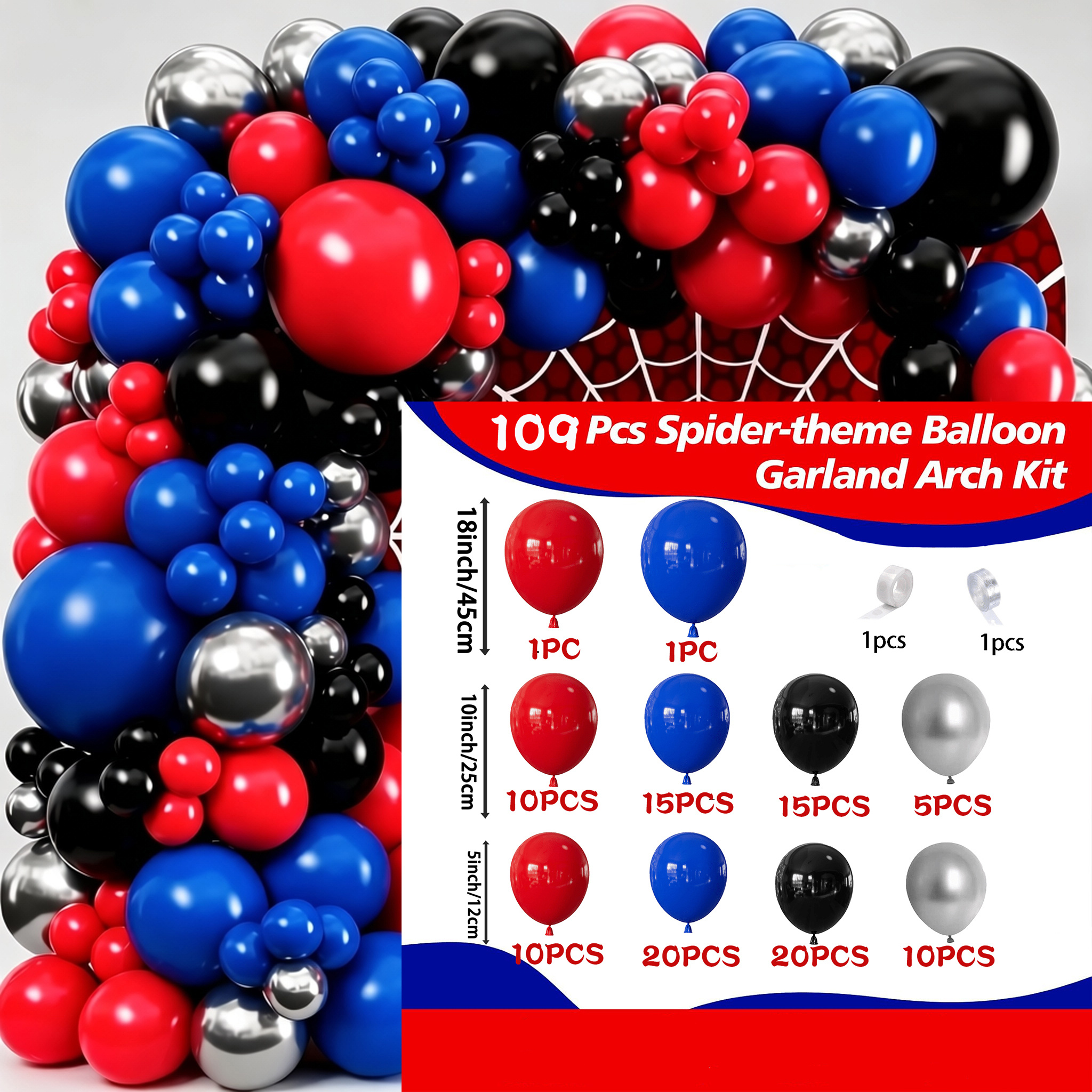 TEMU Kit de 109 piezas de guirnalda de de globos de látex negros, rojos, azules y plateados, para niños y hombres, temática de de cómic, dibujos