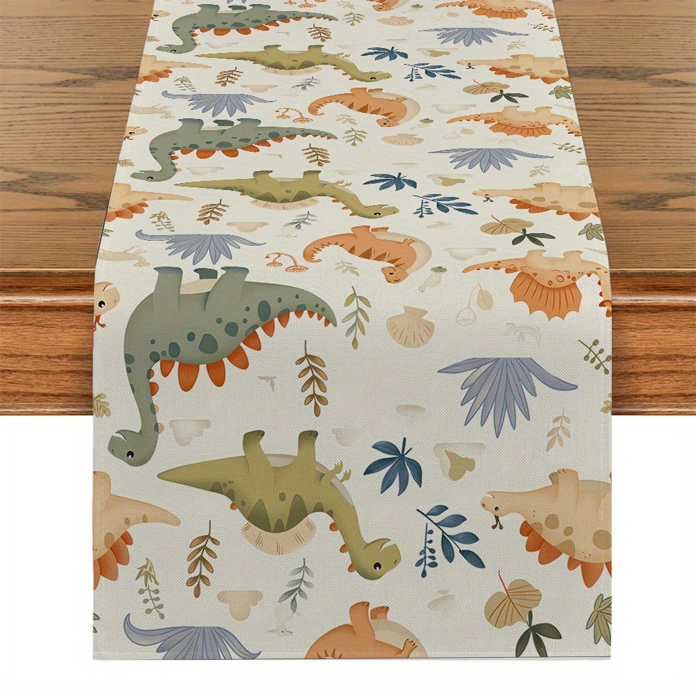 1pc Dinosaur And Plant Pattern Polyester Table Runner, Woven Rectangle Table Decor, For Kitchen Dining, Party, , And Restaurant Decoration