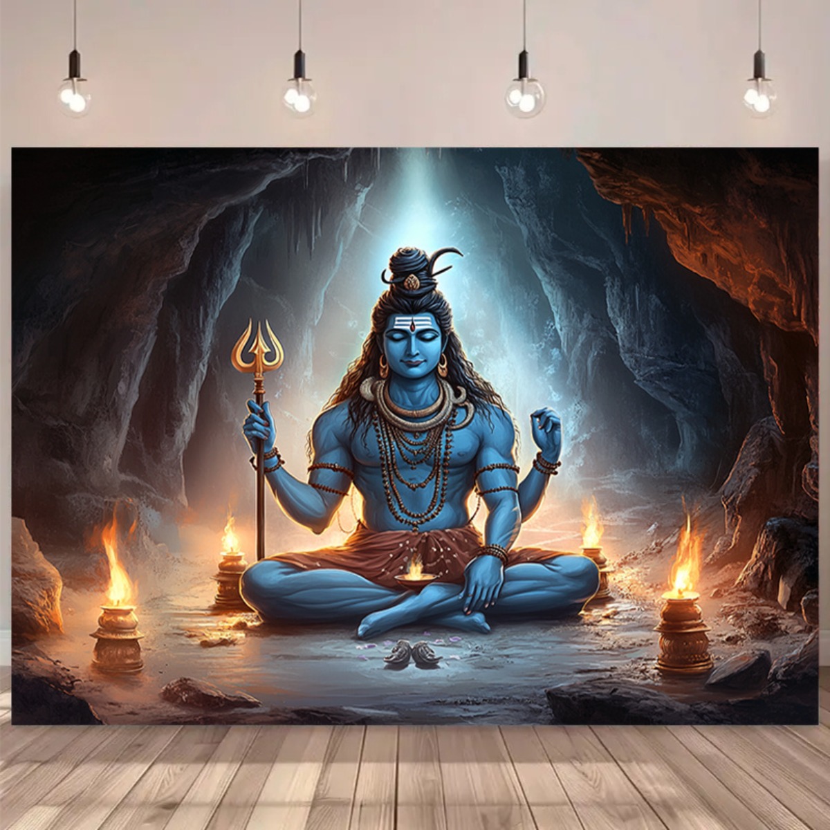 1pc Lord Shiva Meditation Backdrop - Large Wall Mural Hindu Deity with Nandi Bull-like Figure, Candles & Om Symbol - Vibrant Spiritual Decor for Pooja, Diwali, Christmas, Weddings, Home Temple or Studio Photo Background