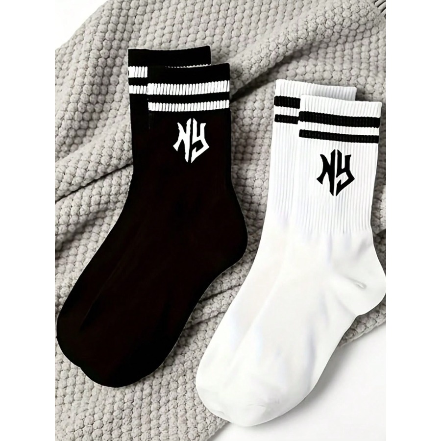 TEMU 5 Pairs Striped Crew Socks, Men's And Women's Breathable Comfortable Casual Socks, College Style Street Trend Striped Crew Socks, Men's And